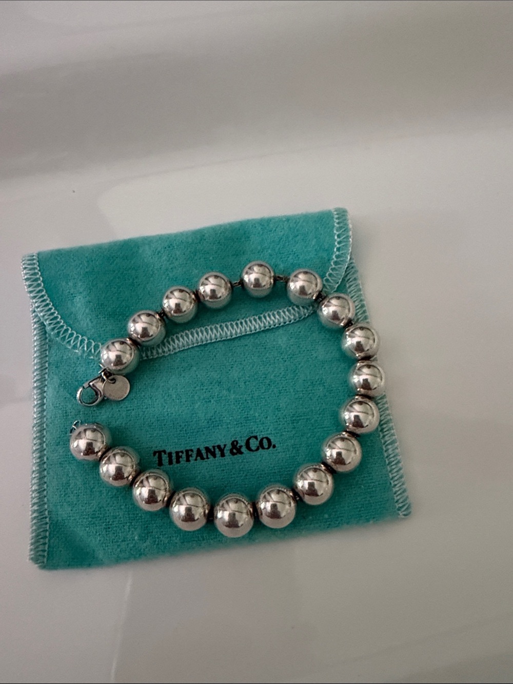 Tiffany & Co. Sterling Silver Bead Bracelet with Turquoise Pouch